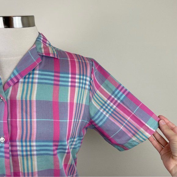 Vintage Miss B Pink Blue Plaid Short Sleeve Button Down Shirt Top Women 9/10 - Picture 6 of 7